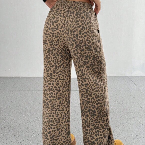 Casual Women's Leopard Print Loose Wide Leg Pants - Picture 3 of 6